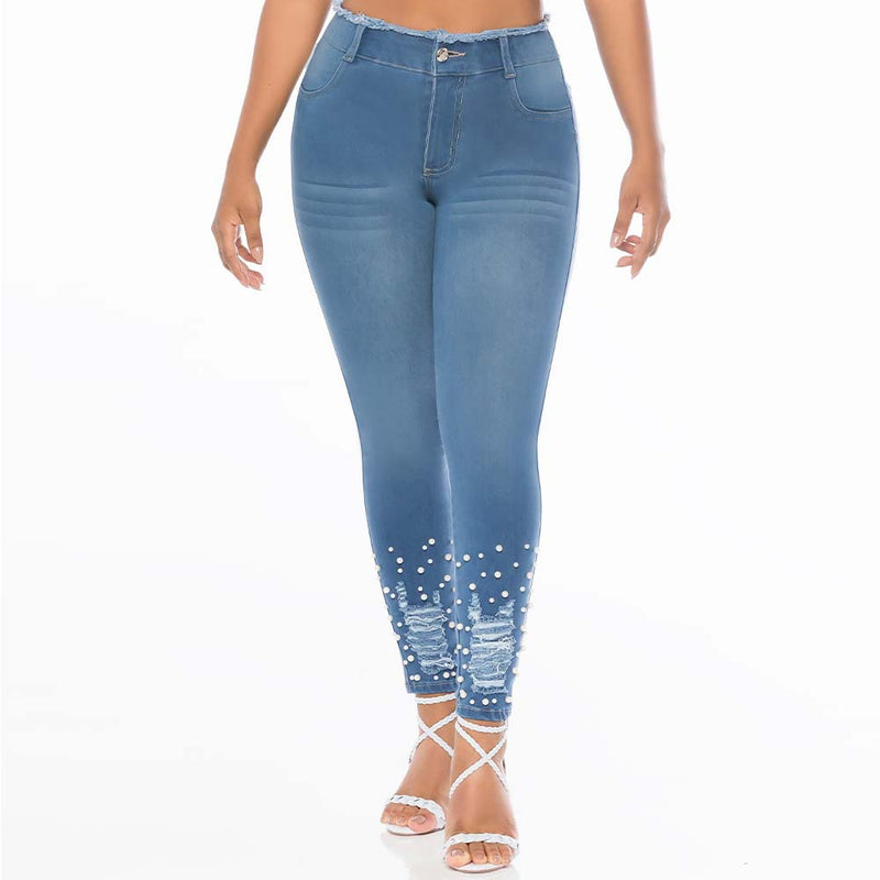Skinny Blue Jean for women - Pearl embellished denim - J82333SH